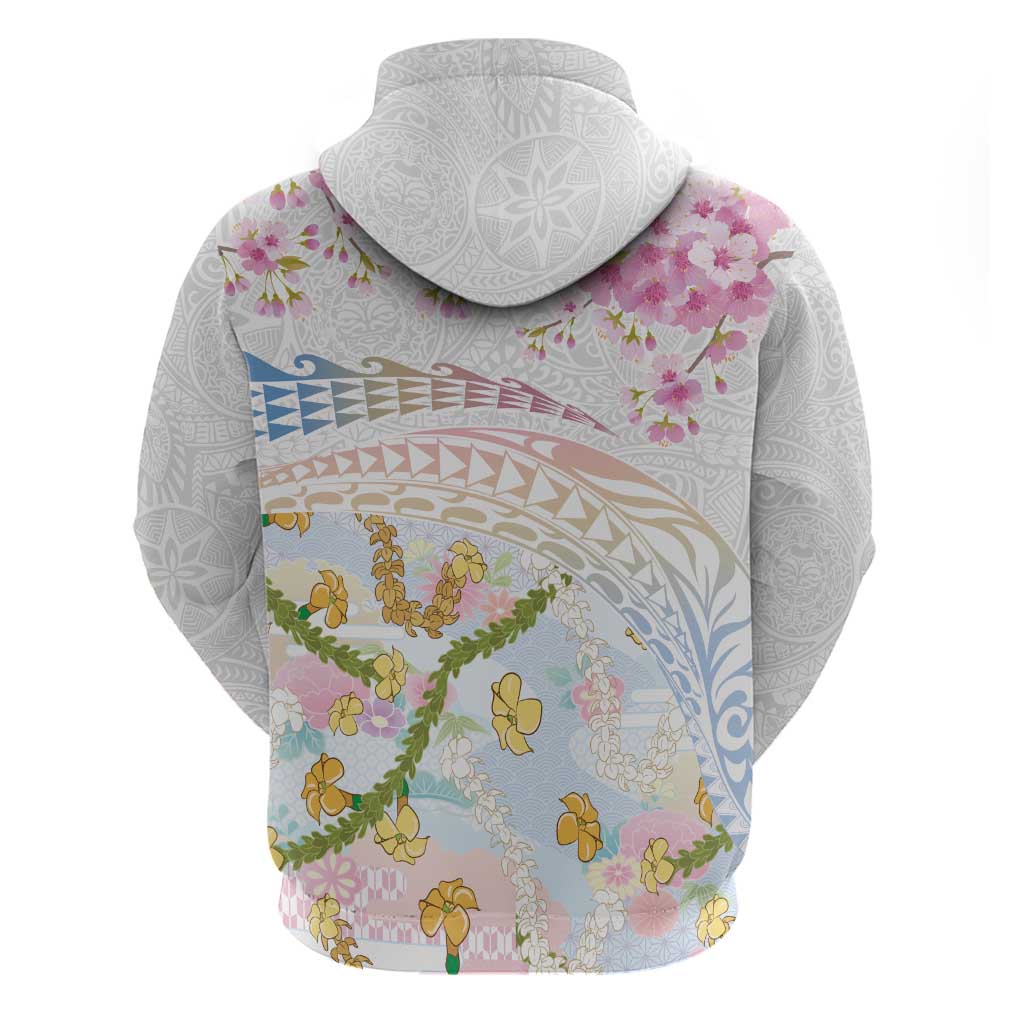 Hawaiian and Japanese Culture Together Zip Hoodie Tribal Motifs with Lei and Japanese Sakura Pattern