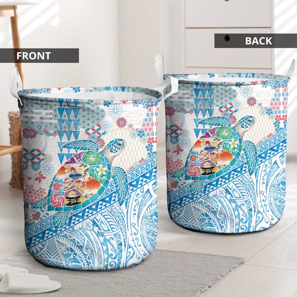 Hawaiian and Japanese Culture Together Laundry Basket Tropical Honu with Japanese Elements Blue Color