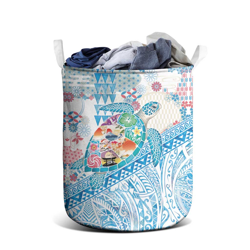Hawaiian and Japanese Culture Together Laundry Basket Tropical Honu with Japanese Elements Blue Color