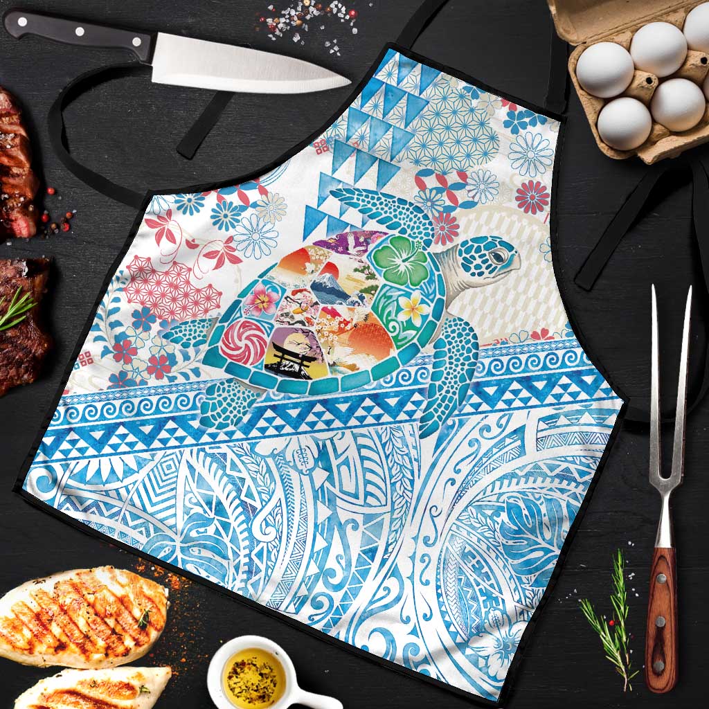 Hawaiian and Japanese Culture Together Apron Tropical Honu with Japanese Elements Blue Color