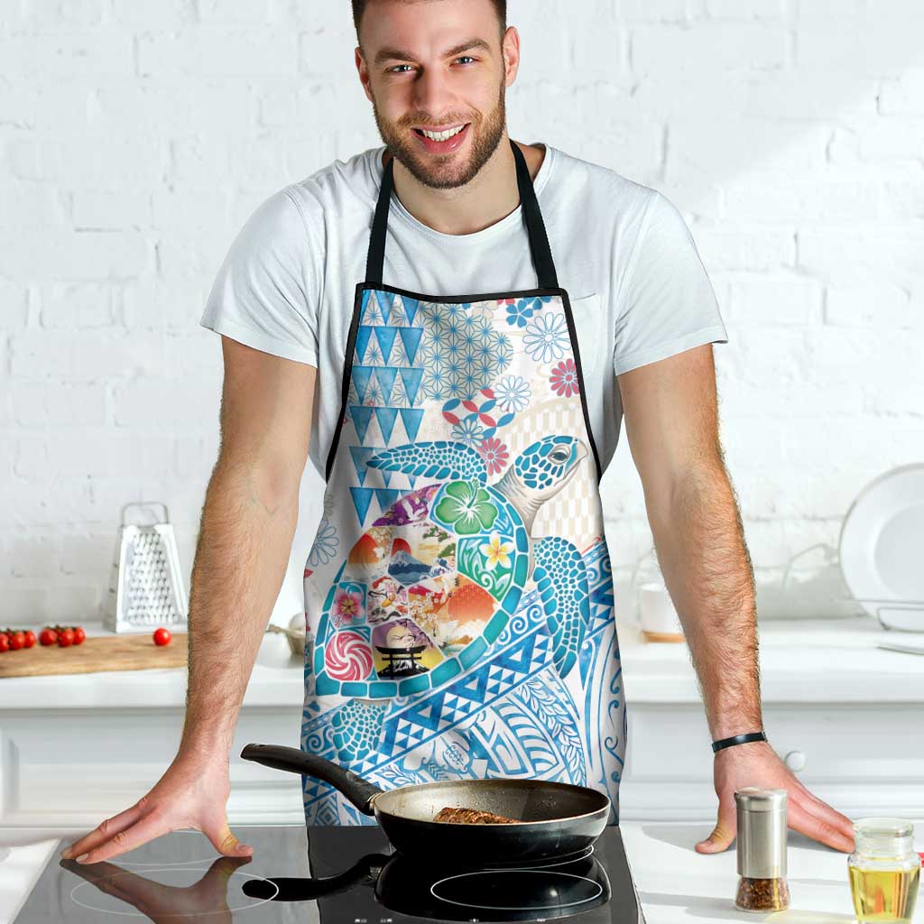 Hawaiian and Japanese Culture Together Apron Tropical Honu with Japanese Elements Blue Color