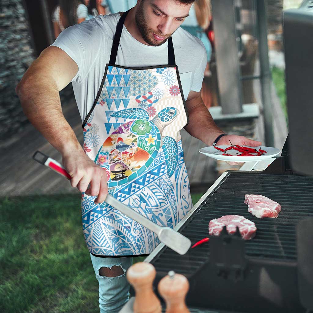 Hawaiian and Japanese Culture Together Apron Tropical Honu with Japanese Elements Blue Color