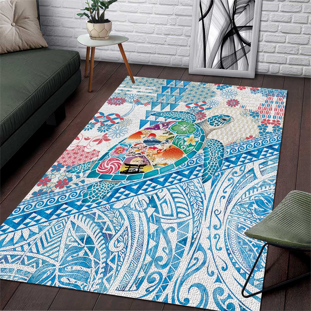 Hawaiian and Japanese Culture Together Area Rug Tropical Honu with Japanese Elements Blue Color