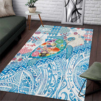 Hawaiian and Japanese Culture Together Area Rug Tropical Honu with Japanese Elements Blue Color
