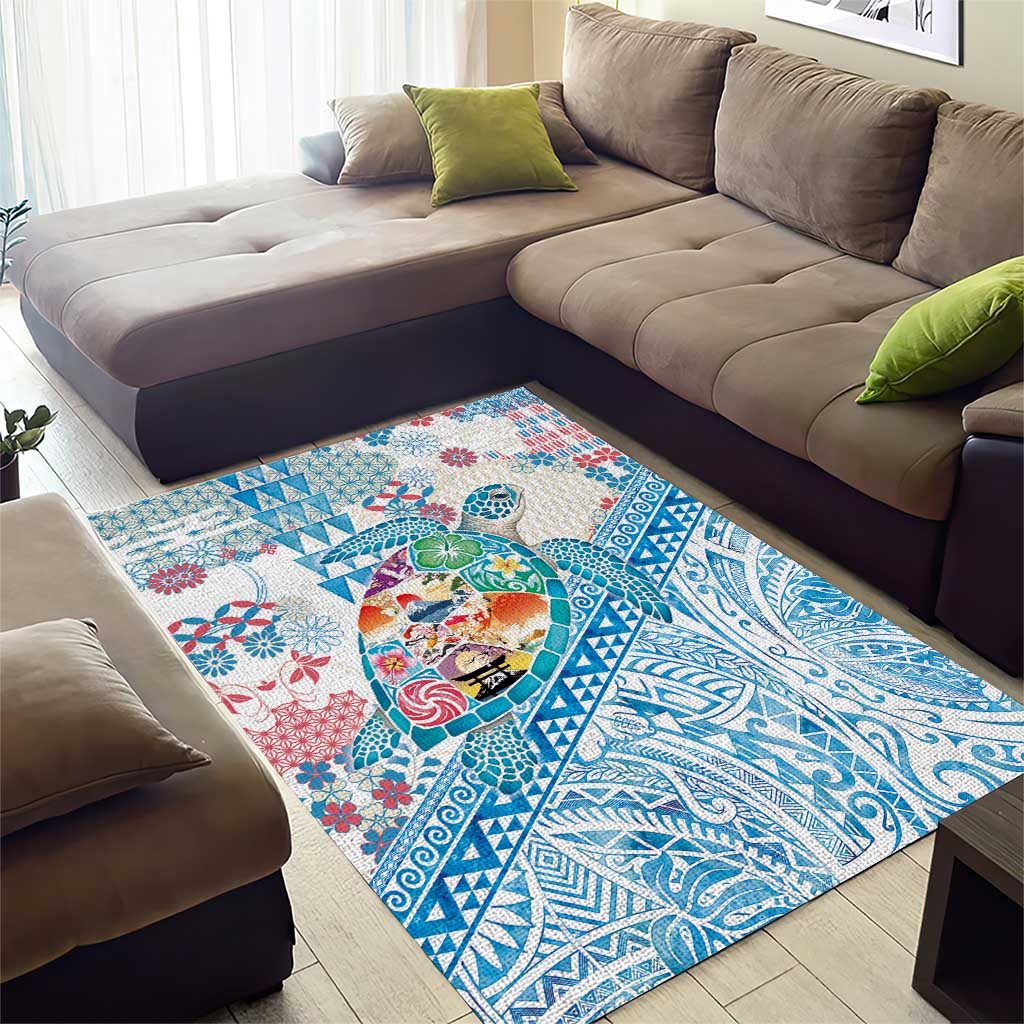 Hawaiian and Japanese Culture Together Area Rug Tropical Honu with Japanese Elements Blue Color