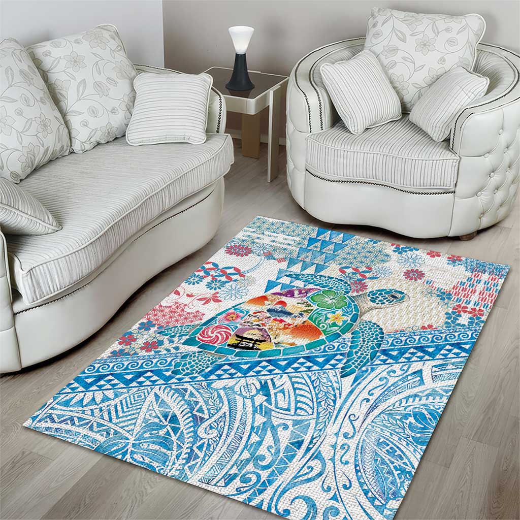 Hawaiian and Japanese Culture Together Area Rug Tropical Honu with Japanese Elements Blue Color