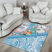 Hawaiian and Japanese Culture Together Area Rug Tropical Honu with Japanese Elements Blue Color