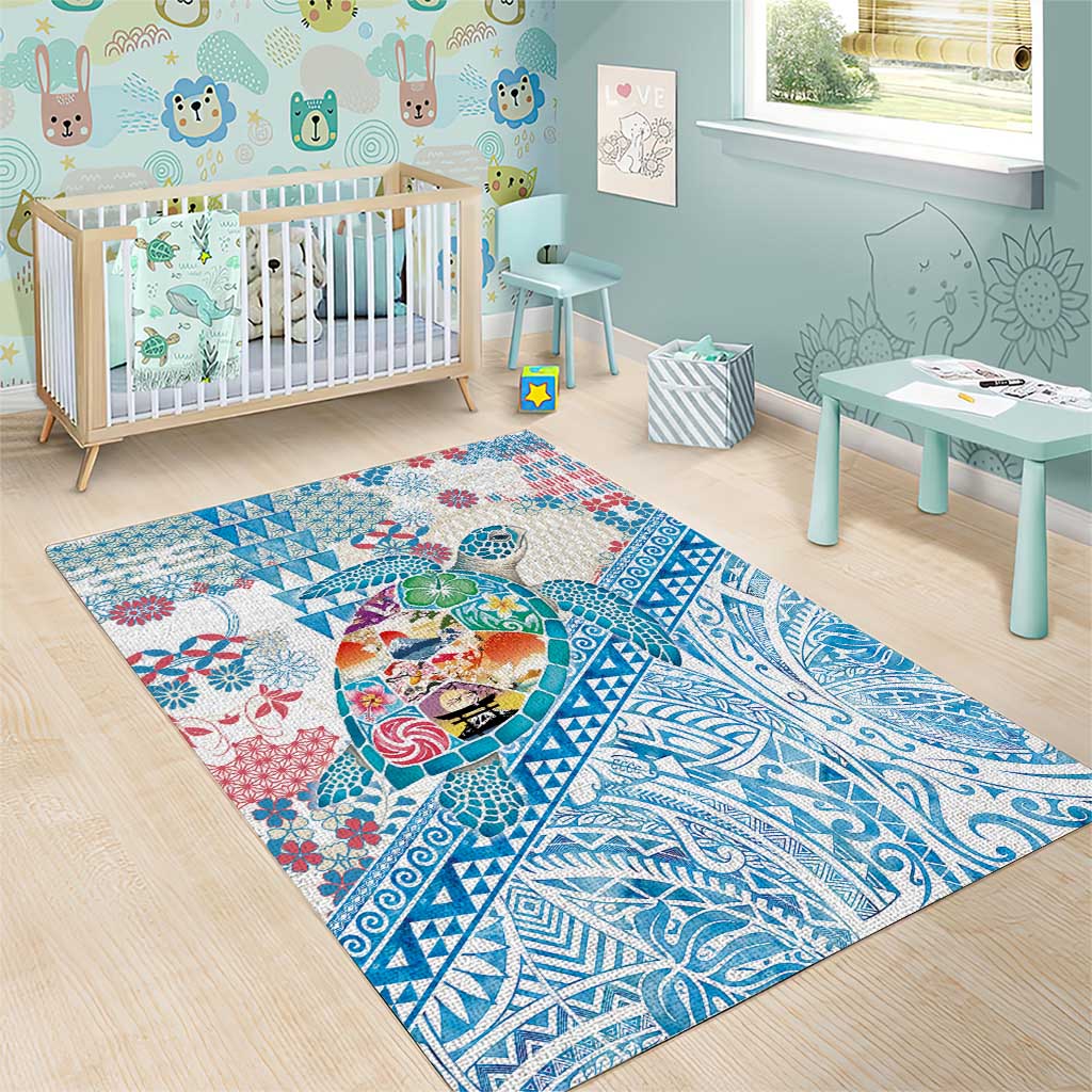 Hawaiian and Japanese Culture Together Area Rug Tropical Honu with Japanese Elements Blue Color