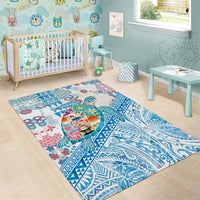 Hawaiian and Japanese Culture Together Area Rug Tropical Honu with Japanese Elements Blue Color