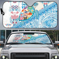Hawaiian and Japanese Culture Together Auto Sun Shade Tropical Honu with Japanese Elements Blue Color
