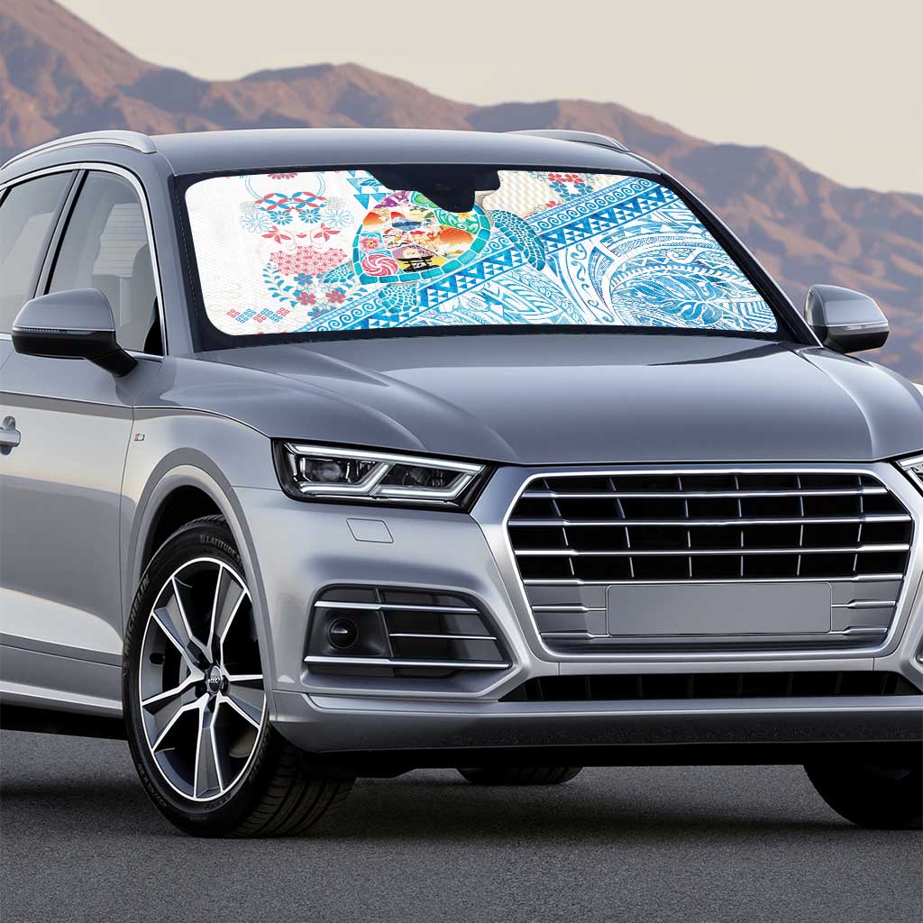 Hawaiian and Japanese Culture Together Auto Sun Shade Tropical Honu with Japanese Elements Blue Color