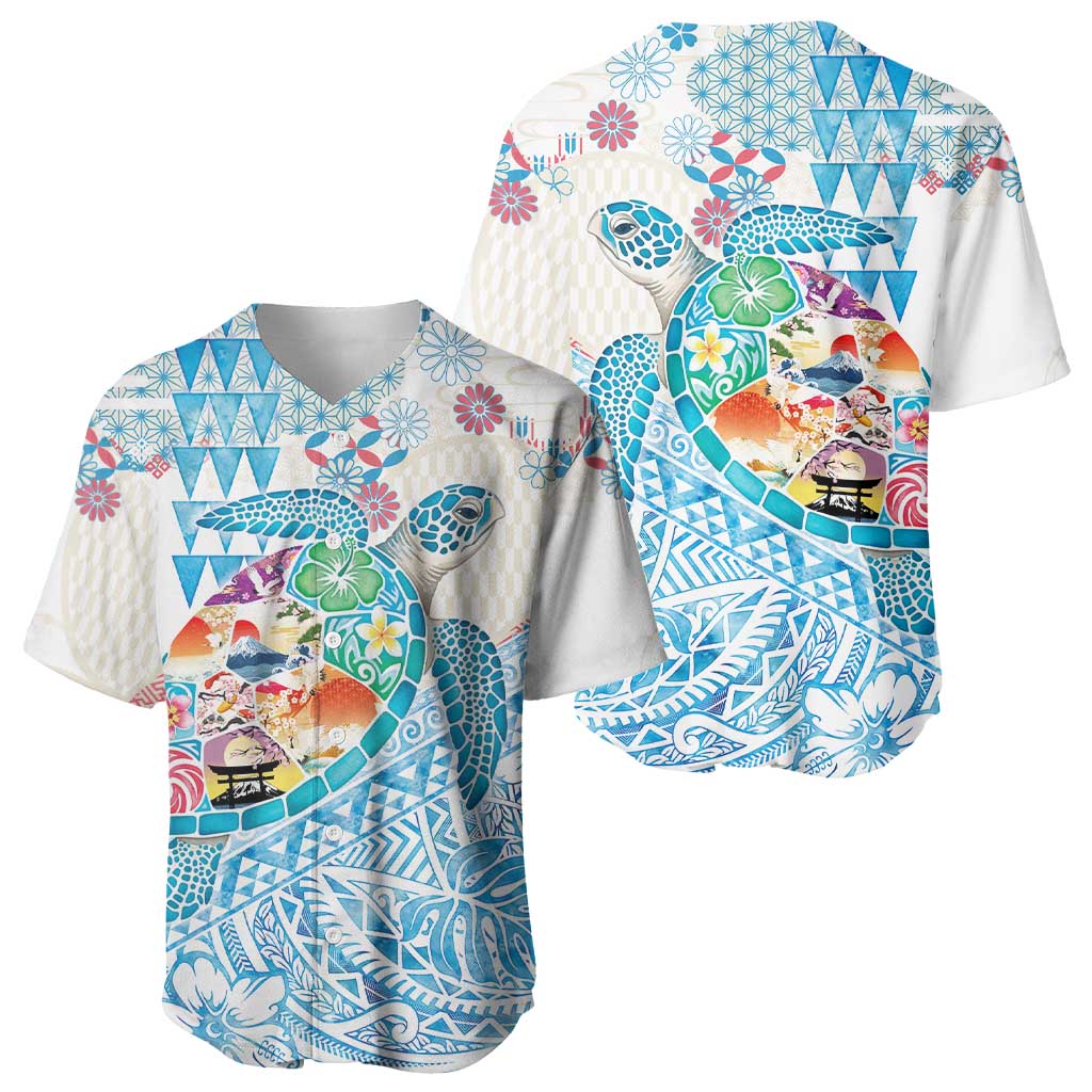 Hawaiian and Japanese Culture Together Baseball Jersey Tropical Honu with Japanese Elements Blue Color
