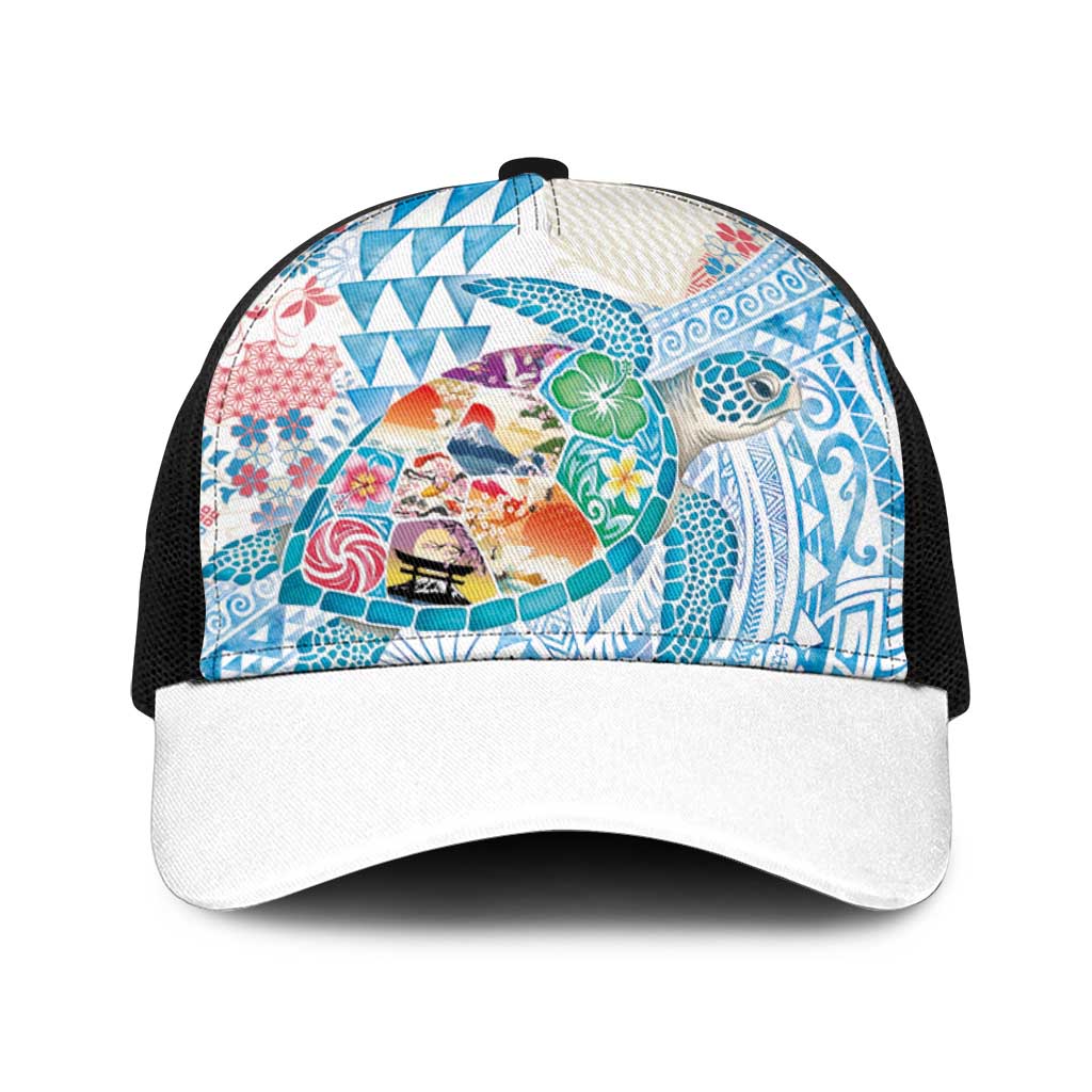 Hawaiian and Japanese Culture Together Baseball Net Cap Tropical Honu with Japanese Elements Blue Color
