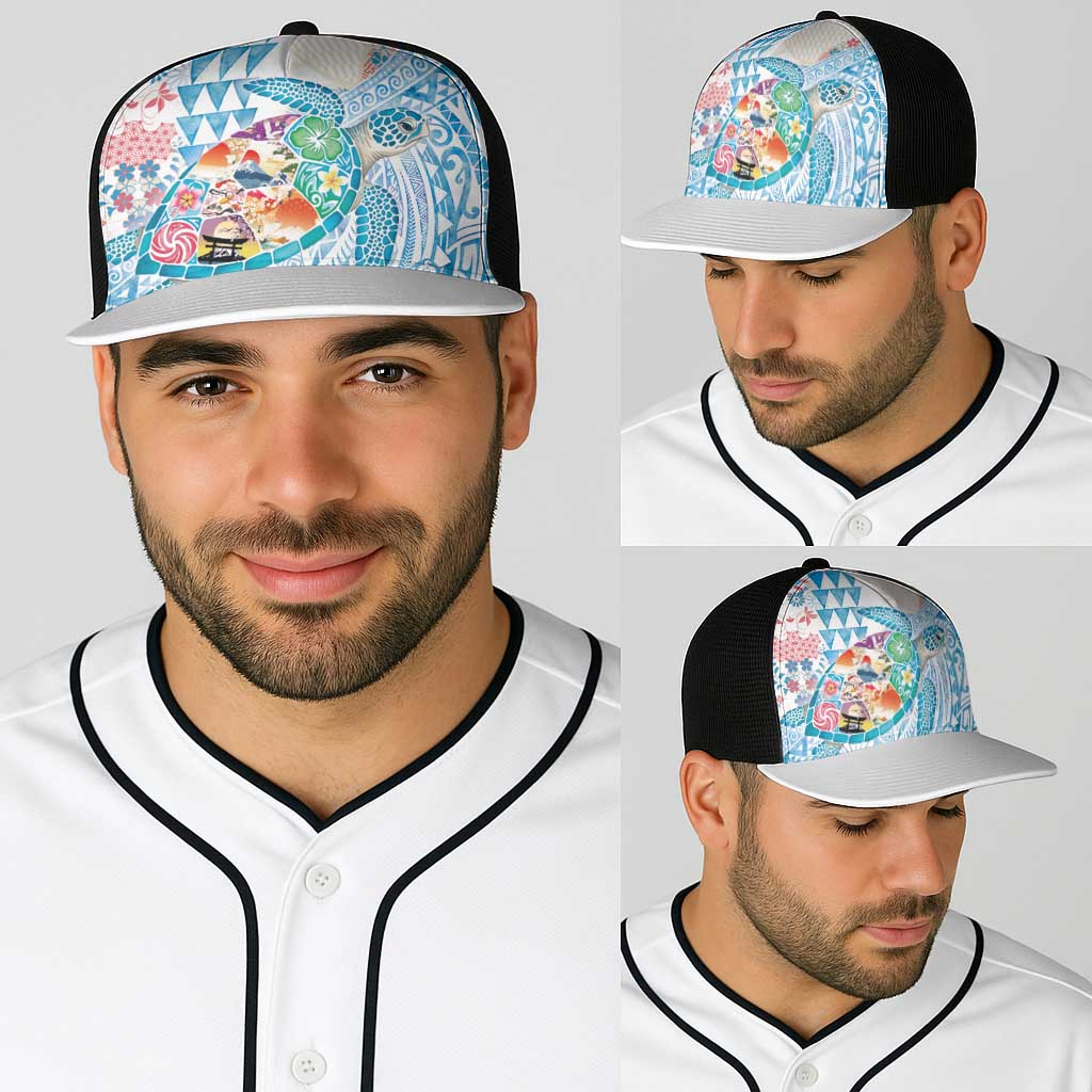 Hawaiian and Japanese Culture Together Baseball Net Cap Tropical Honu with Japanese Elements Blue Color