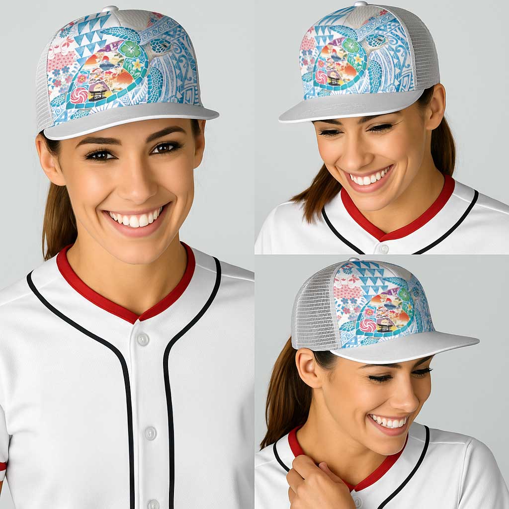 Hawaiian and Japanese Culture Together Baseball Net Cap Tropical Honu with Japanese Elements Blue Color