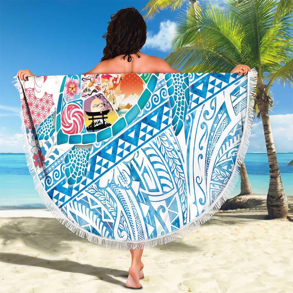Hawaiian and Japanese Culture Together Beach Blanket Tropical Honu with Japanese Elements Blue Color