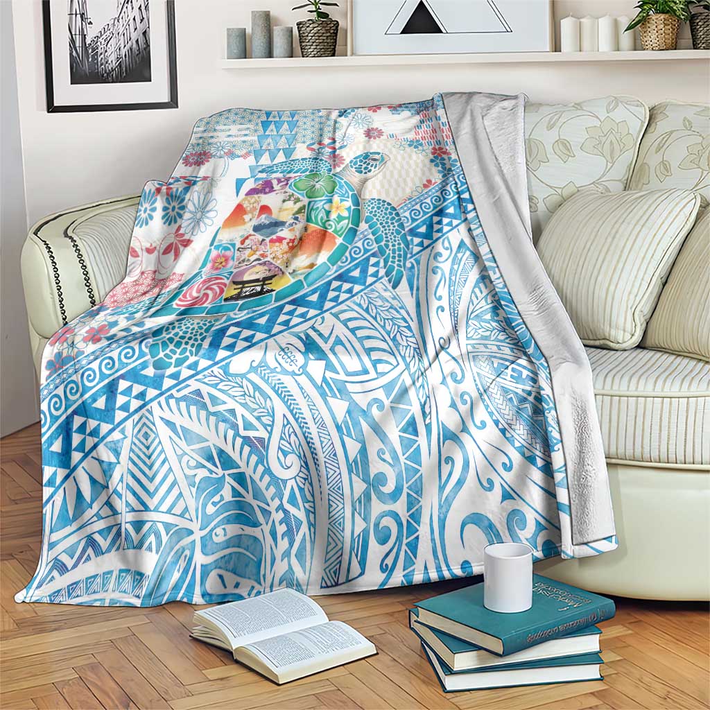 Hawaiian and Japanese Culture Together Blanket Tropical Honu with Japanese Elements Blue Color