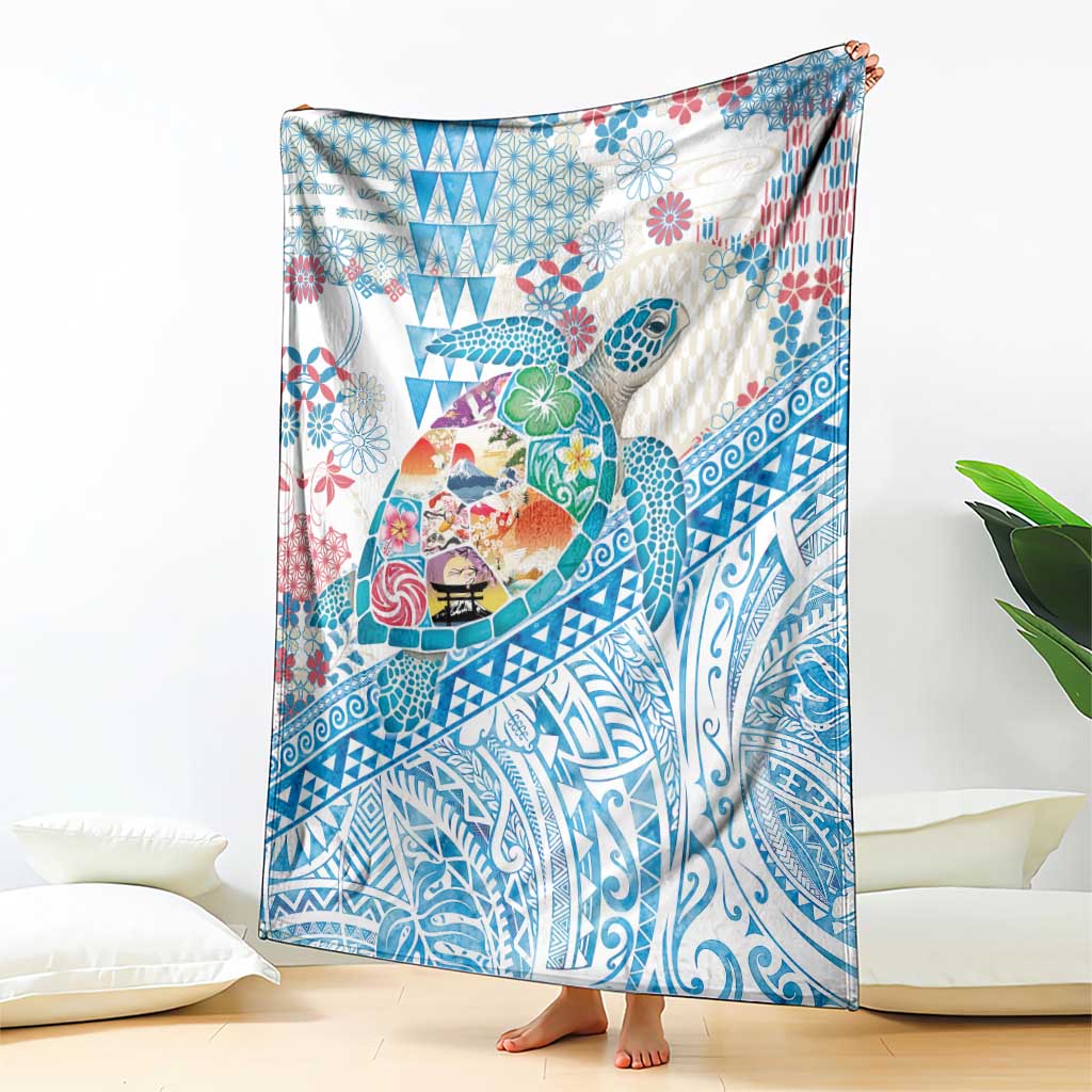 Hawaiian and Japanese Culture Together Blanket Tropical Honu with Japanese Elements Blue Color