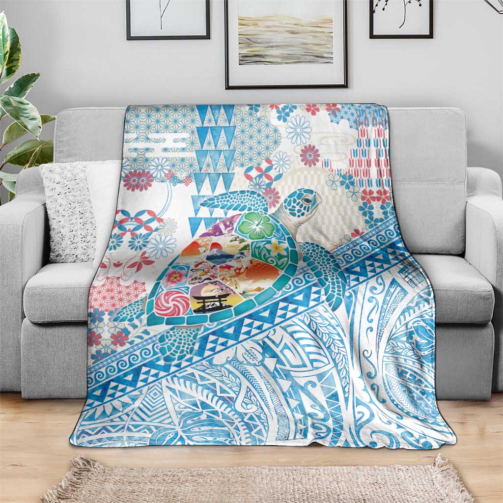 Hawaiian and Japanese Culture Together Blanket Tropical Honu with Japanese Elements Blue Color