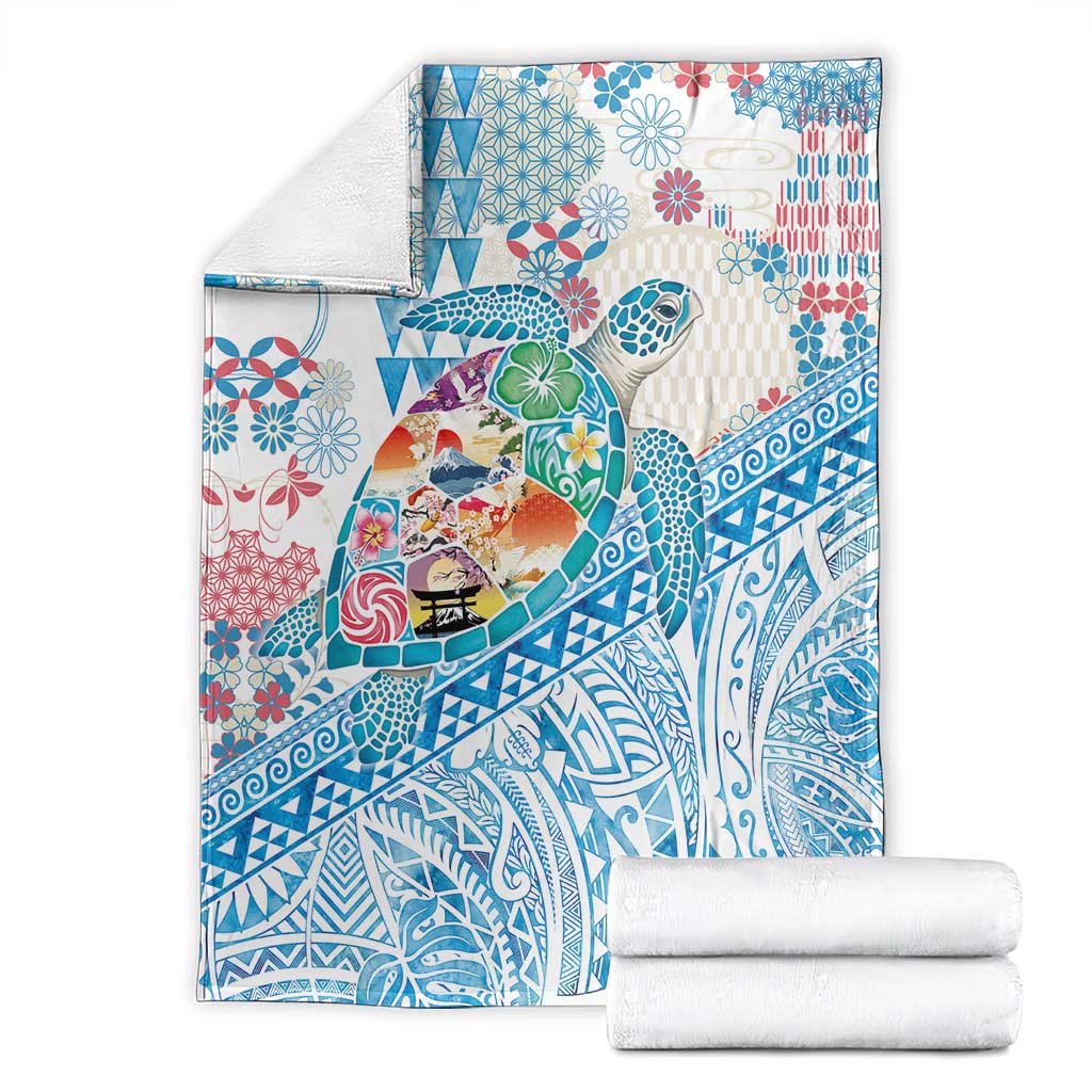 Hawaiian and Japanese Culture Together Blanket Tropical Honu with Japanese Elements Blue Color