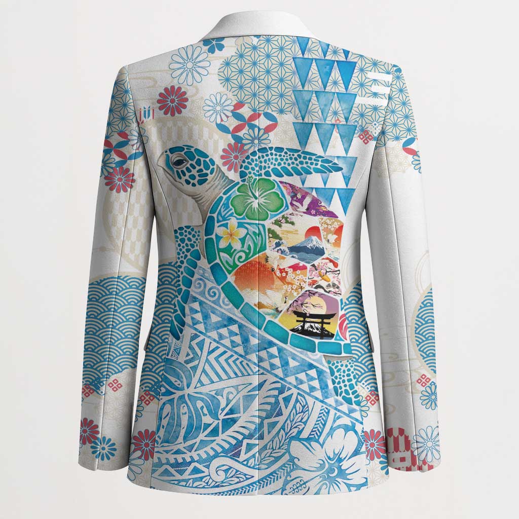 Hawaiian and Japanese Culture Together Blazer Tropical Honu with Japanese Elements Blue Color