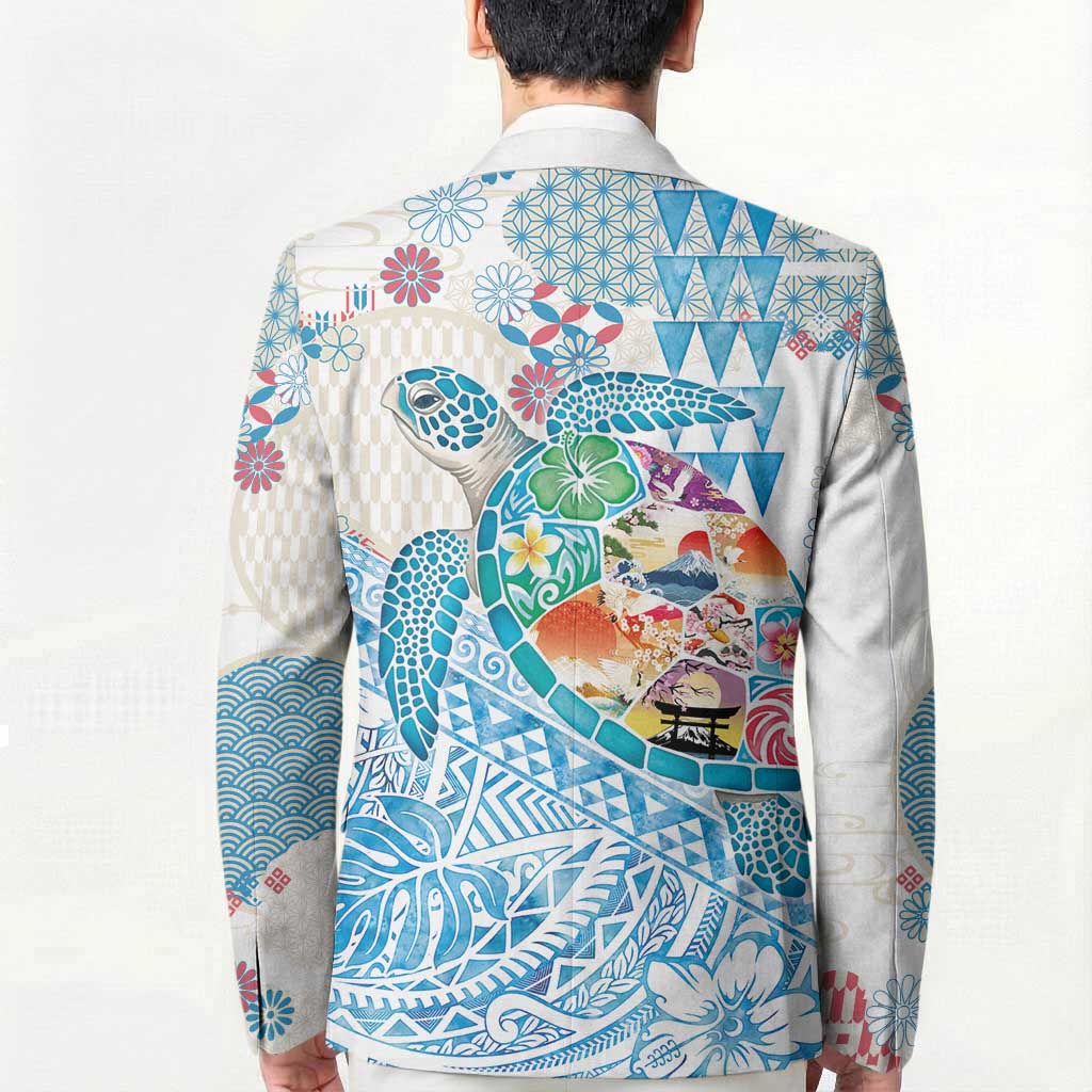 Hawaiian and Japanese Culture Together Blazer Tropical Honu with Japanese Elements Blue Color