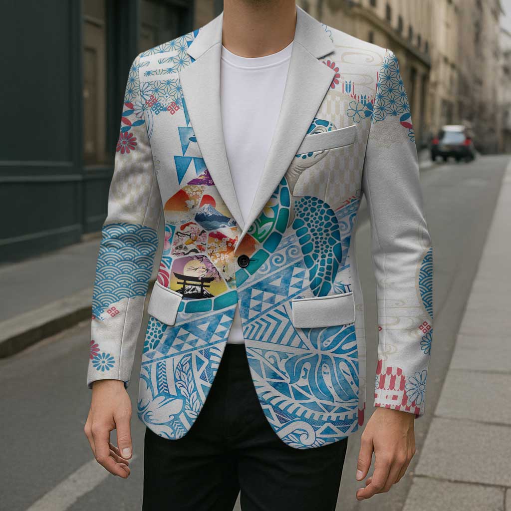 Hawaiian and Japanese Culture Together Blazer Tropical Honu with Japanese Elements Blue Color