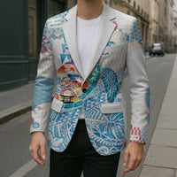 Hawaiian and Japanese Culture Together Blazer Tropical Honu with Japanese Elements Blue Color