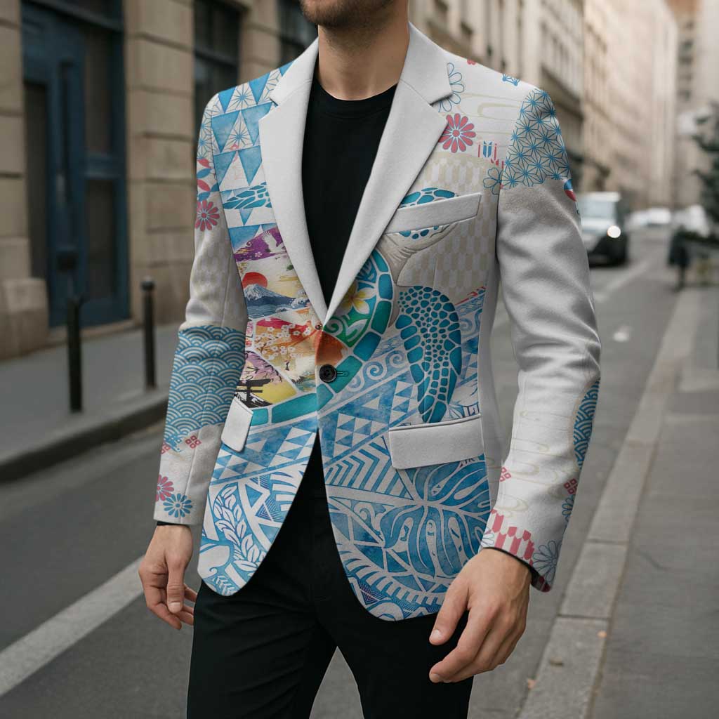 Hawaiian and Japanese Culture Together Blazer Tropical Honu with Japanese Elements Blue Color