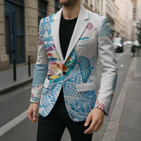 Hawaiian and Japanese Culture Together Blazer Tropical Honu with Japanese Elements Blue Color