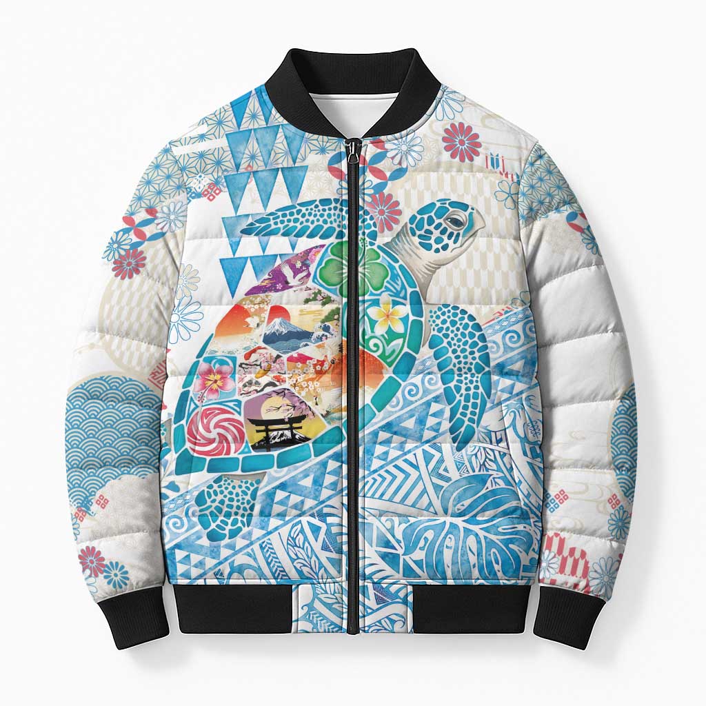 Hawaiian and Japanese Culture Together Bomber Puffer Jacket Tropical Honu with Japanese Elements Blue Color