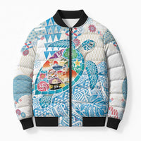 Hawaiian and Japanese Culture Together Bomber Puffer Jacket Tropical Honu with Japanese Elements Blue Color