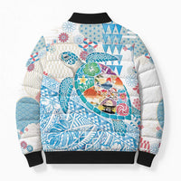 Hawaiian and Japanese Culture Together Bomber Puffer Jacket Tropical Honu with Japanese Elements Blue Color