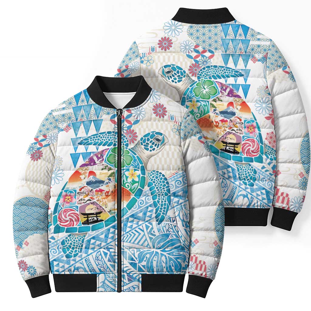 Hawaiian and Japanese Culture Together Bomber Puffer Jacket Tropical Honu with Japanese Elements Blue Color