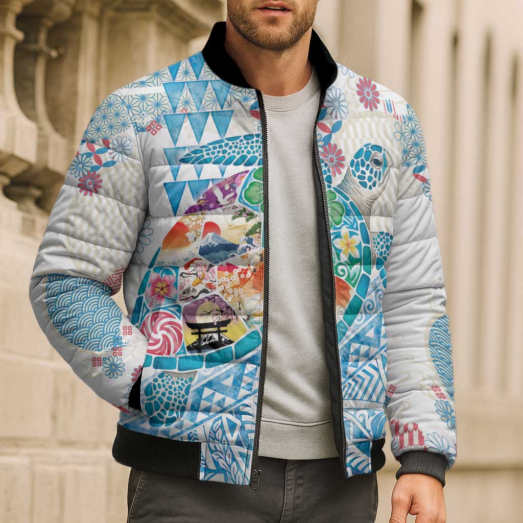 Hawaiian and Japanese Culture Together Bomber Puffer Jacket Tropical Honu with Japanese Elements Blue Color