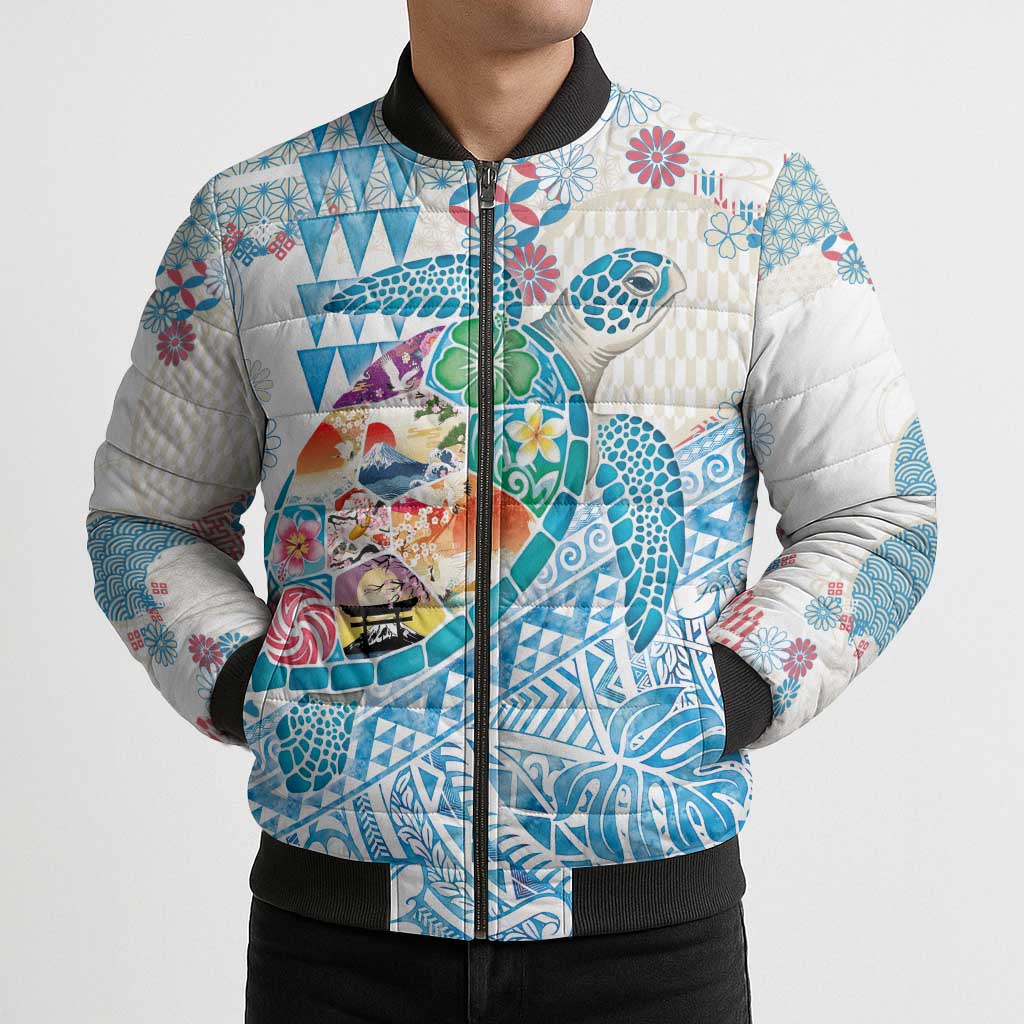 Hawaiian and Japanese Culture Together Bomber Puffer Jacket Tropical Honu with Japanese Elements Blue Color