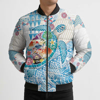 Hawaiian and Japanese Culture Together Bomber Puffer Jacket Tropical Honu with Japanese Elements Blue Color