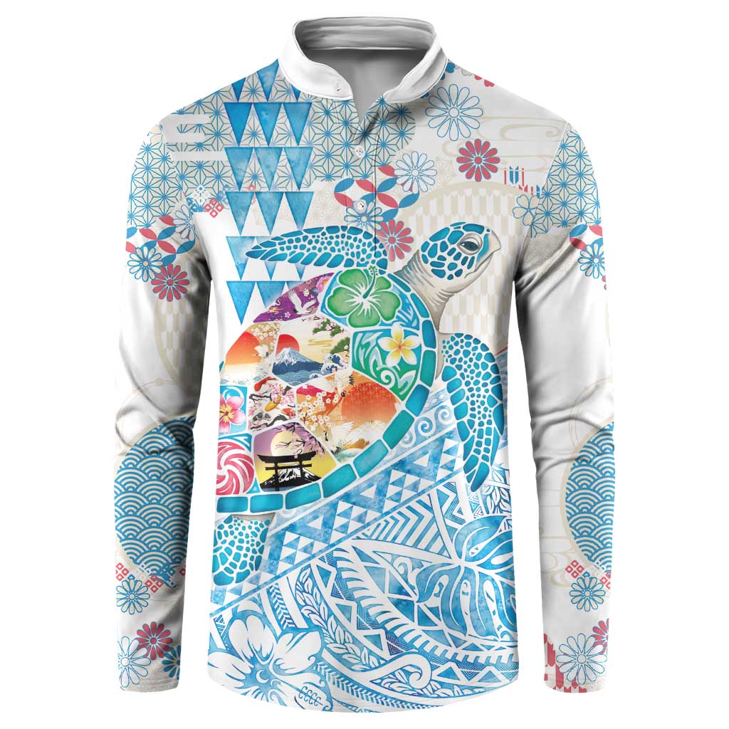 Hawaiian and Japanese Culture Together Button Sweatshirt Tropical Honu with Japanese Elements Blue Color