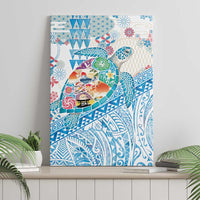 Hawaiian and Japanese Culture Together Canvas Wall Art Tropical Honu with Japanese Elements Blue Color