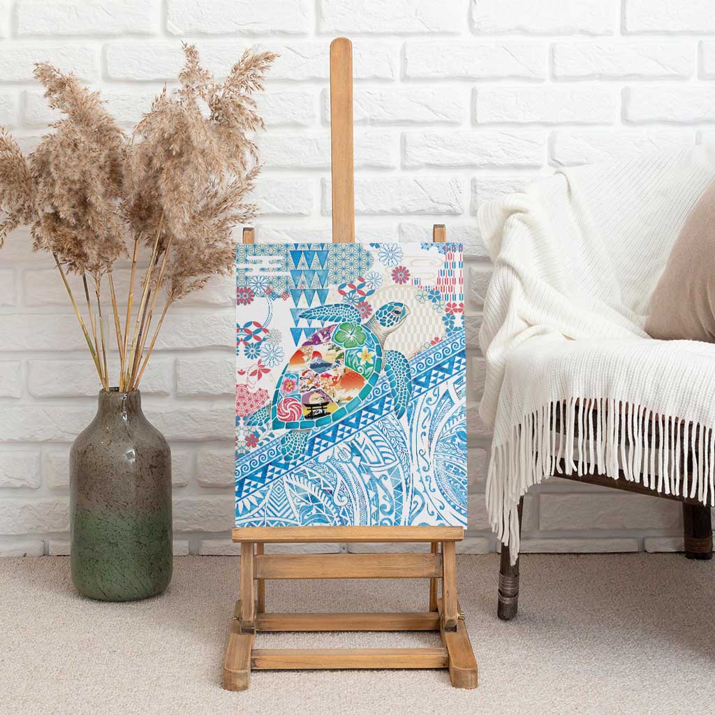 Hawaiian and Japanese Culture Together Canvas Wall Art Tropical Honu with Japanese Elements Blue Color