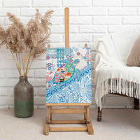 Hawaiian and Japanese Culture Together Canvas Wall Art Tropical Honu with Japanese Elements Blue Color