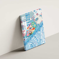 Hawaiian and Japanese Culture Together Canvas Wall Art Tropical Honu with Japanese Elements Blue Color