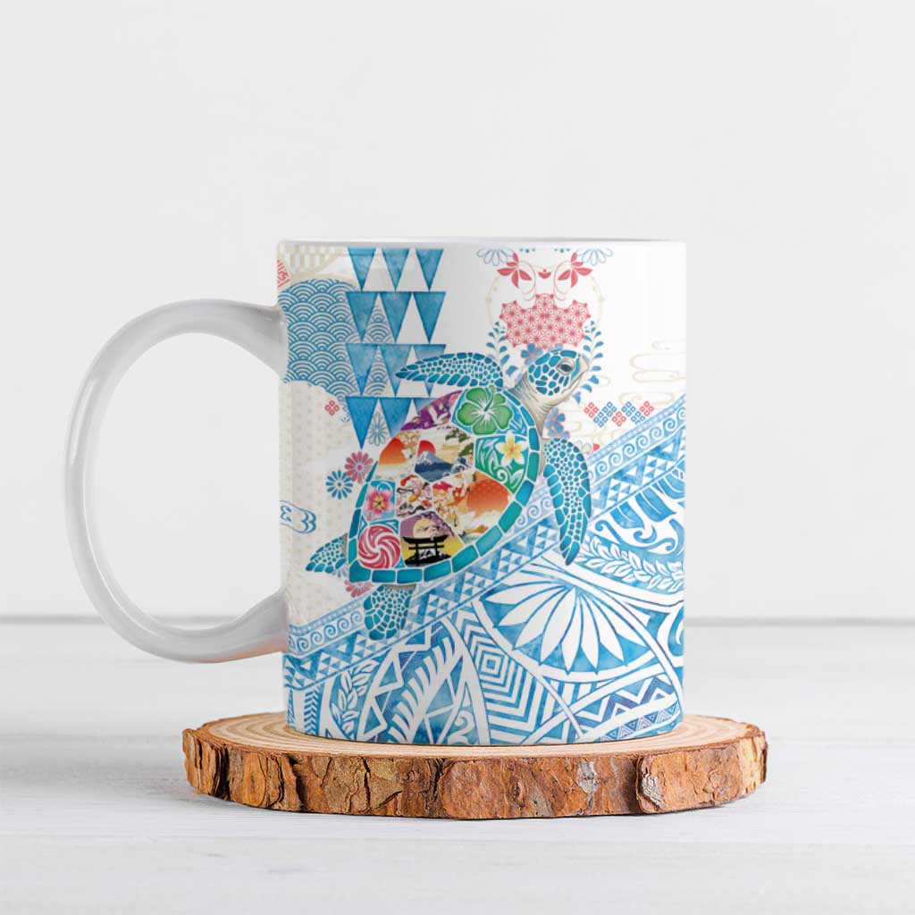 Hawaiian and Japanese Culture Together Ceramic Mug Tropical Honu with Japanese Elements Blue Color