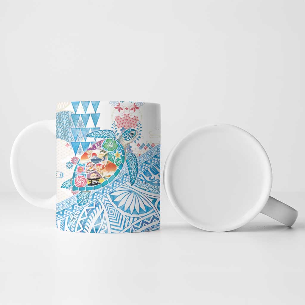 Hawaiian and Japanese Culture Together Ceramic Mug Tropical Honu with Japanese Elements Blue Color