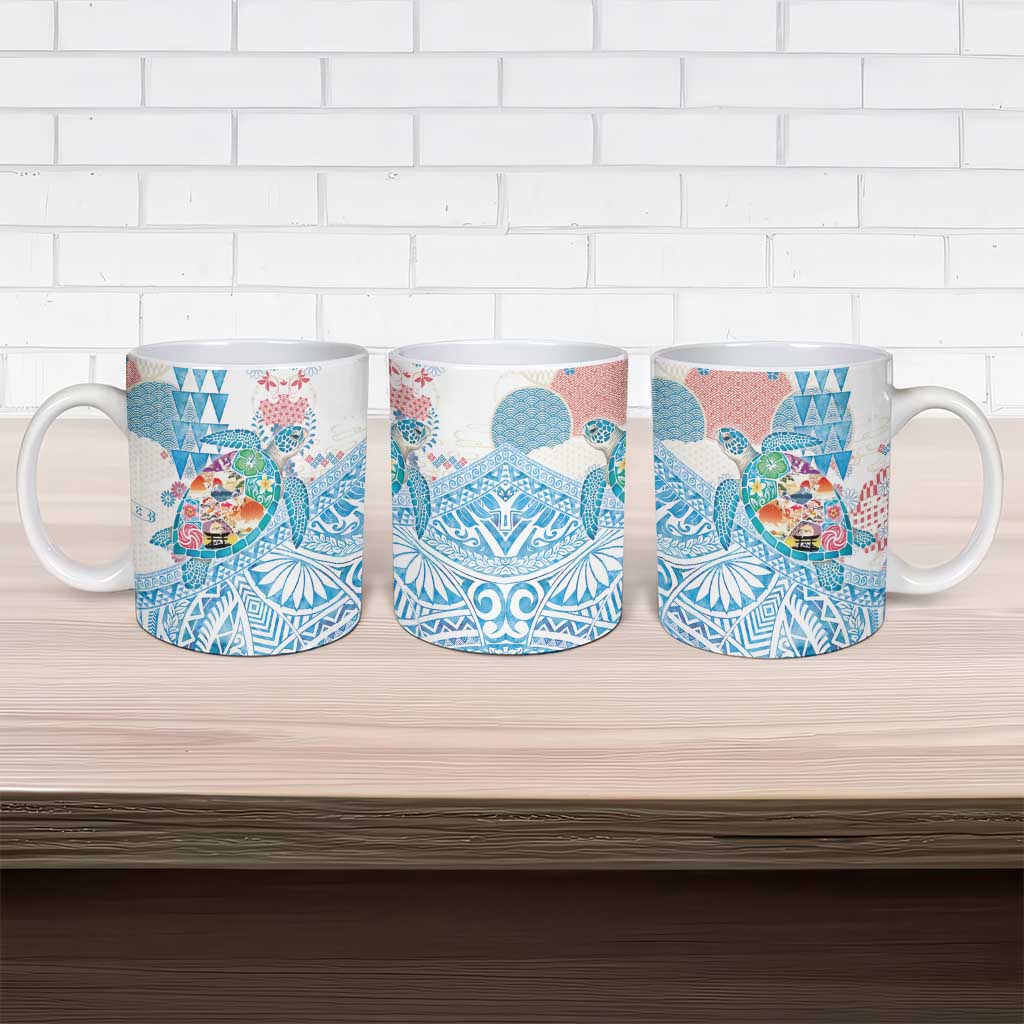 Hawaiian and Japanese Culture Together Ceramic Mug Tropical Honu with Japanese Elements Blue Color