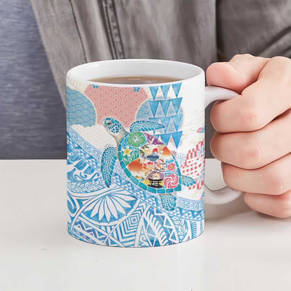Hawaiian and Japanese Culture Together Ceramic Mug Tropical Honu with Japanese Elements Blue Color