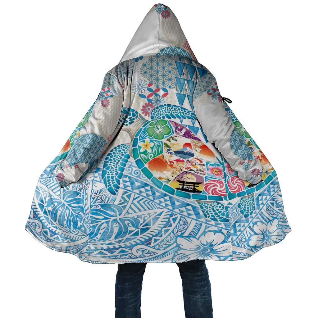 Hawaiian and Japanese Culture Together Cloak Tropical Honu with Japanese Elements Blue Color