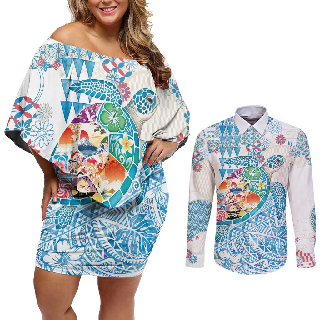 Hawaiian and Japanese Culture Together Couples Matching Off Shoulder Short Dress and Long Sleeve Button Shirt Tropical Honu with Japanese Elements Blue Color