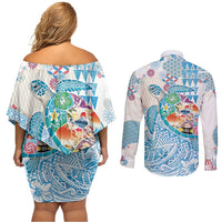Hawaiian and Japanese Culture Together Couples Matching Off Shoulder Short Dress and Long Sleeve Button Shirt Tropical Honu with Japanese Elements Blue Color