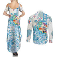 Hawaiian and Japanese Culture Together Couples Matching Summer Maxi Dress and Long Sleeve Button Shirt Tropical Honu with Japanese Elements Blue Color